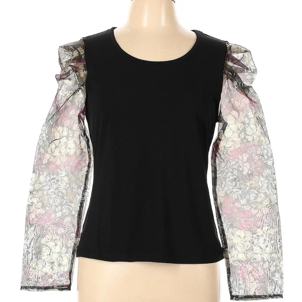 Design History Black Floral Sheer Organza Puff Sleeve Blouse Top Size Large NWT